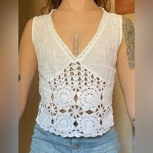 White linen top with crochet detail by Rebellion